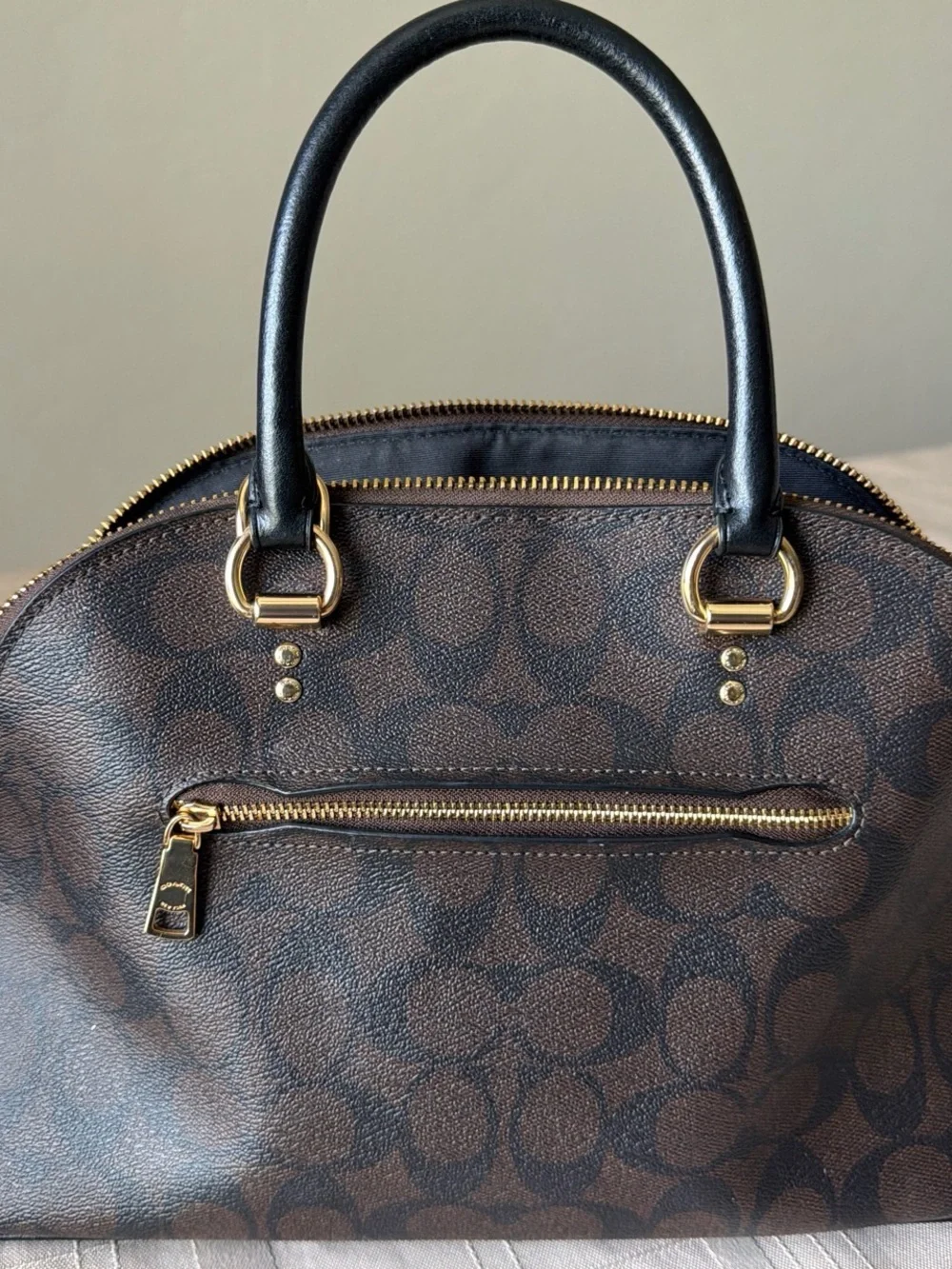 Coach Brown Signature Dome Satchel with Black Handles Gold hardware